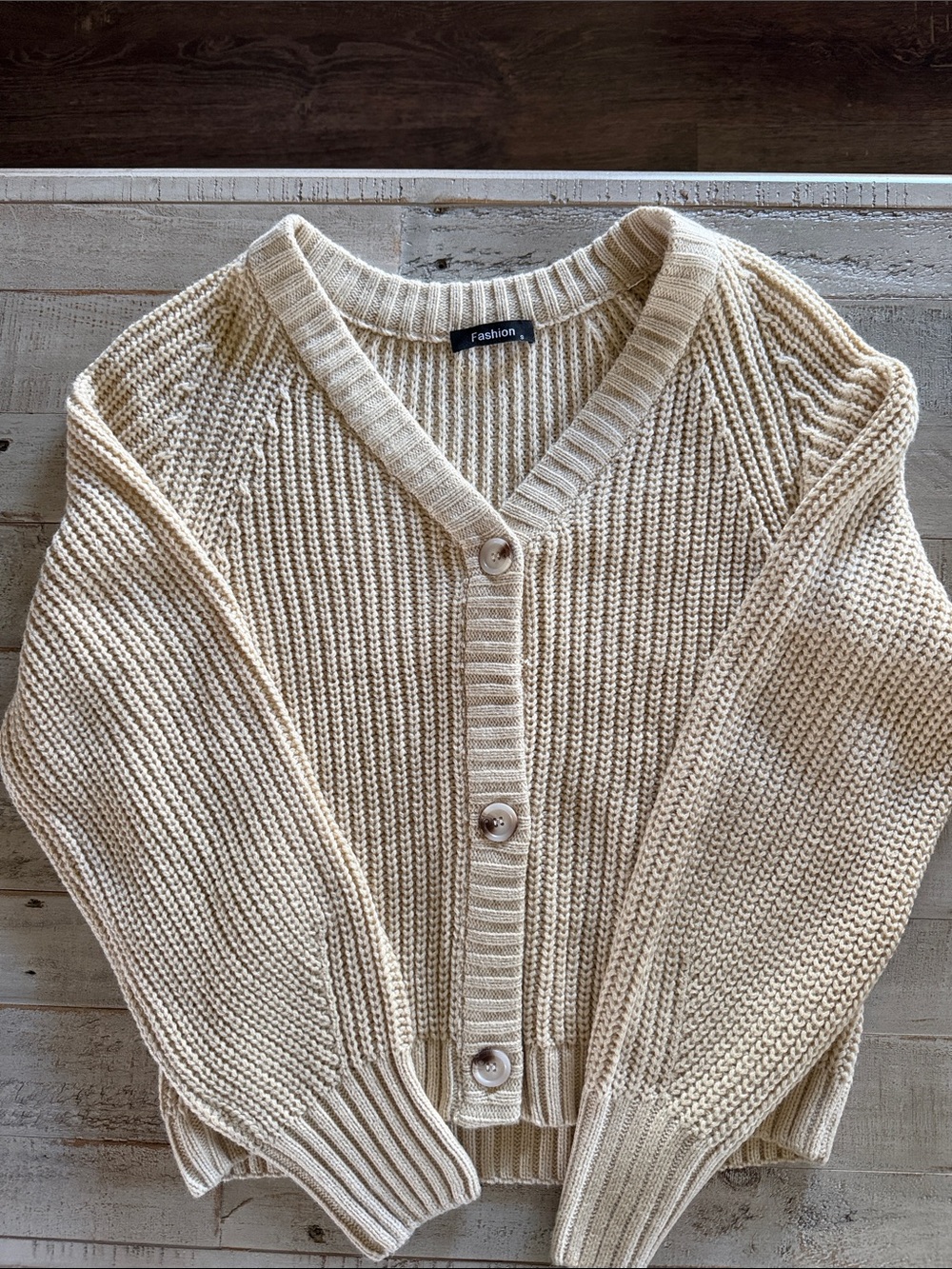 Tan Button-Front V-Neck Knit Sweater